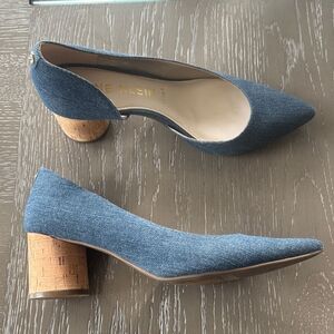 Anne Klein Necessity Denim Blue Heels with Cork Block Heel Pointed Toe Size 9.5M